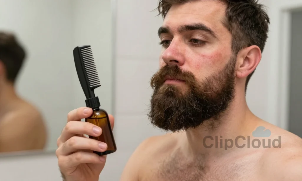 A close-up portrait of a well-groomed man with a full beard, standing in a softly lit bathroom setting. The image should subtly illustrate common beard care mistakes that harm skin: one side of the face shows a beard that appears overgrown and tangled, with visible skin irritation and redness beneath; the other side shows a neatly trimmed beard with smooth skin, using a beard oil bottle and a comb. The background should include a simple, clean bathroom with a mirror and a small shelf of grooming