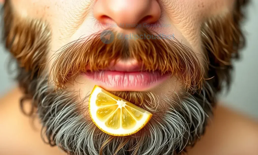 A close-up of a man's beard with visible yellowish tint being gently lightened by natural remedies like lemon slices or baking soda paste, showing subtle brightening without dye or artificial color, soft natural lighting, realistic skin texture, focus on beard area only