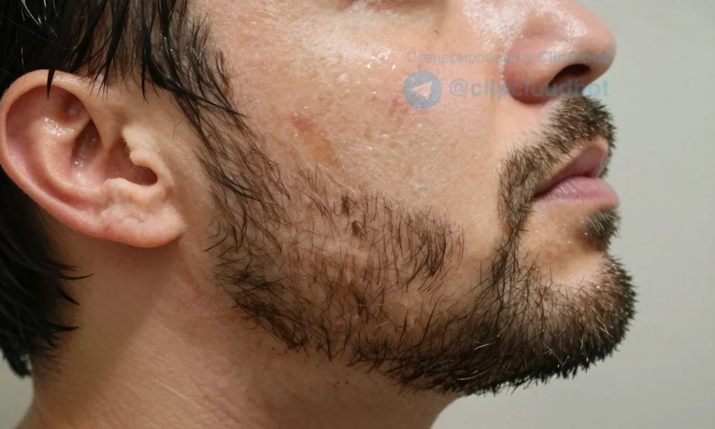 A close-up of a man's beard area after a shower, showing slightly flaking skin and damp hair, with a subtle background of a bathroom setting. The focus is on the texture of the skin and beard, conveying a sense of post-shower dryness and irritation.
