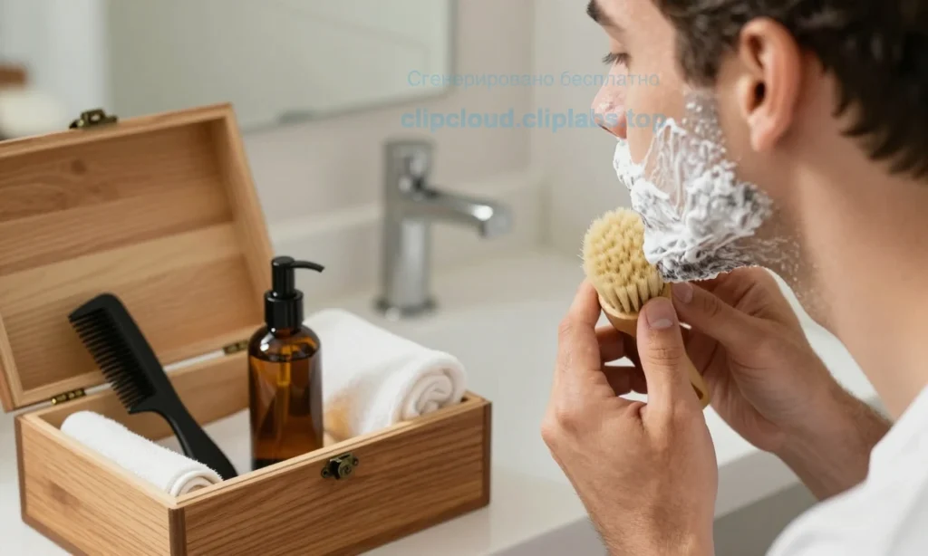 A close-up of a young man preparing his face for beard growth: he is gently washing his clean-shaven face with a mild cleanser, applying a nourishing beard oil, and using a soft-bristled brush to condition the skin. Nearby, a small wooden box contains a beard growth kit with a comb, a small bottle of beard oil, and a neatly folded towel. The background is a softly lit bathroom setting with subtle, natural light, emphasizing a calm and healthy grooming routine. The overall composition highlights
