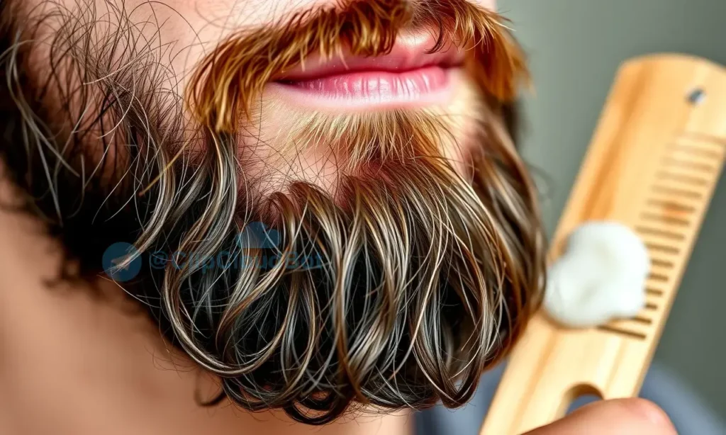 A close-up of a well-groomed man's beard with a subtle sheen, a small amount of clear beard balm applied to the tips, and a wooden comb placed beside it, soft natural lighting, high detail, no text or logos