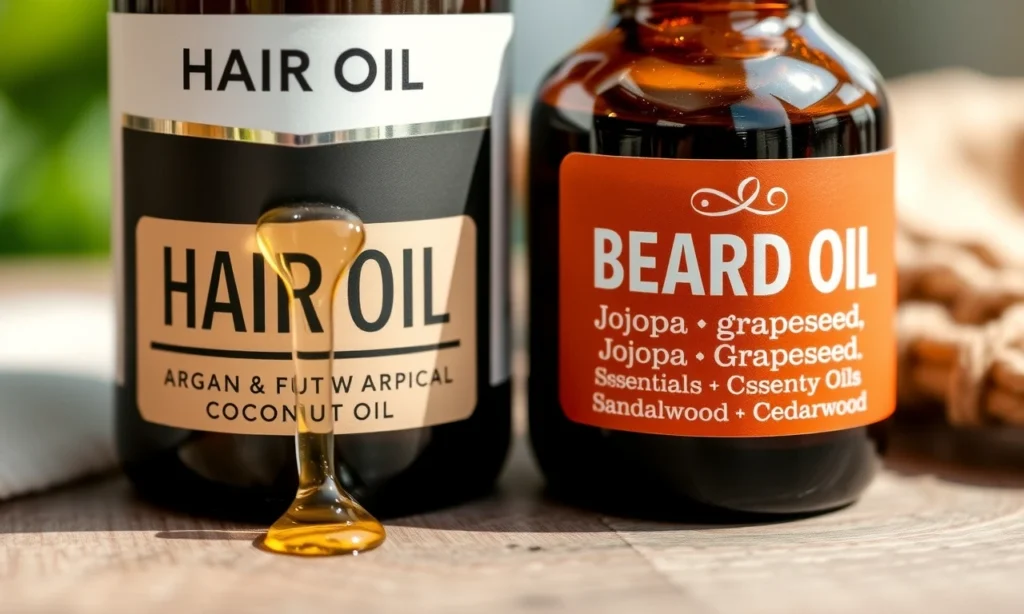 A close-up comparison of two bottles: one labeled 'Hair Oil' with a lighter texture and botanical ingredients like argan and coconut oil, and another labeled 'Beard Oil' with a richer, thicker consistency containing jojoba, grapeseed, and essential oils like sandalwood and cedarwood; both bottles are placed on a wooden surface with soft natural lighting, droplets of each oil visible near their openings, subtle texture differences highlighted — no text, no labels, no letters or digits in the imag