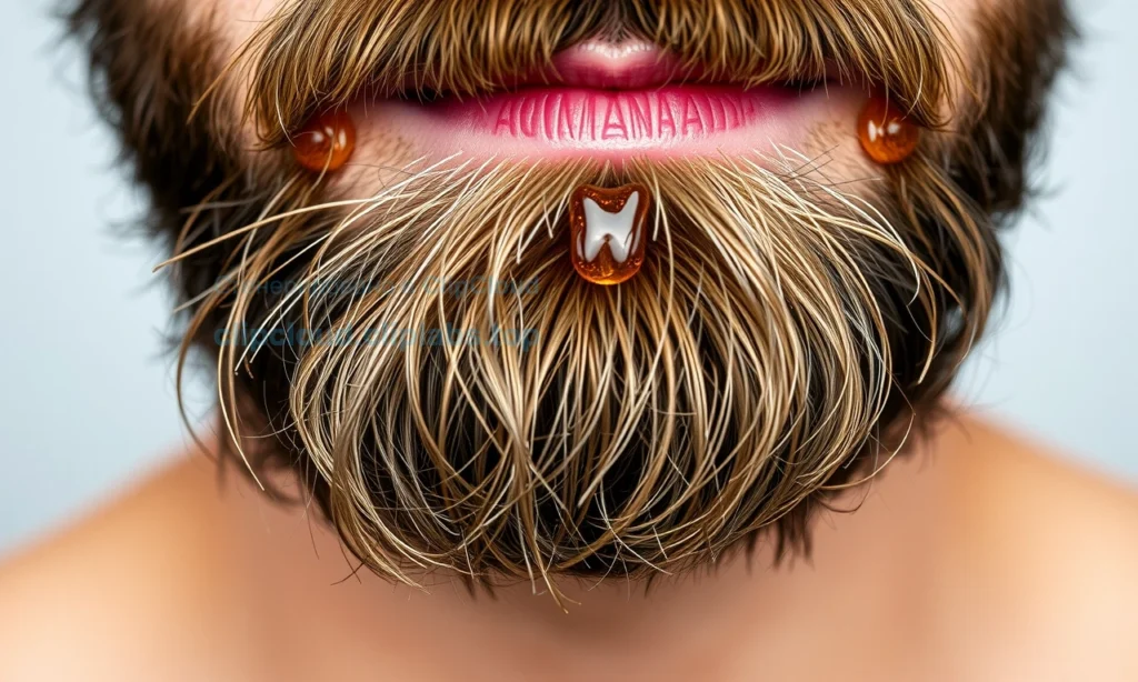 A close-up of a man's beard with oil droplets on the surface, showing a shiny, greasy sheen. The skin beneath is visible, with subtle texture indicating individual skin characteristics. The background is neutral, focusing on the beard and oil. No text or lettering.