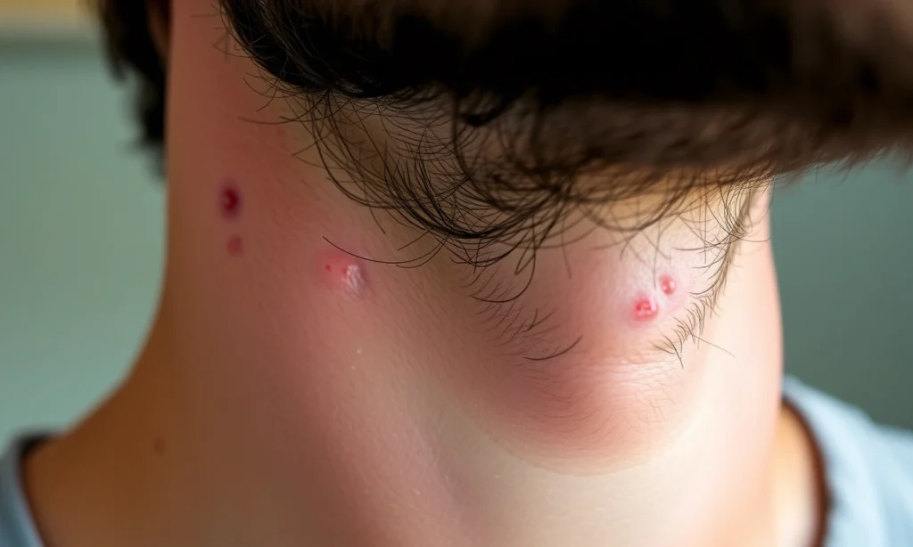 A close-up of a man's face showing the skin under the beard with visible acne breakouts, natural lighting, realistic skin texture, no makeup, no filters, focus on the jawline and neck area where facial hair grows, subtle redness and inflammation around pores, soft background blur