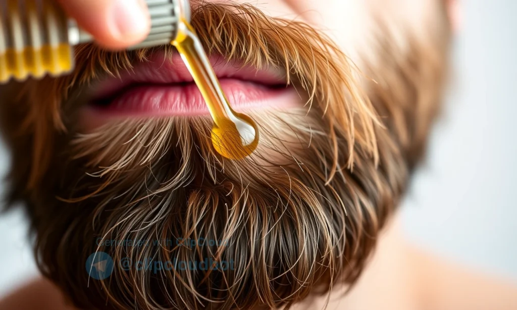 A close-up of a man's beard with a few drops of natural oil being applied, showing healthy facial hair and skin, soft natural lighting, realistic texture, no text or symbols