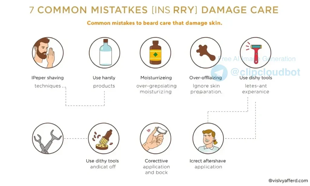Illustration showing seven common mistakes in men's beard care that damage skin, depicted in a clear, educational infographic style with distinct sections for each error, showing examples like improper shaving techniques, using harsh products, neglecting moisturizing, over-exfoliating, ignoring skin preparation, using dirty tools, and incorrect aftershave application, all set against a clean white background with simple icons and minimal text