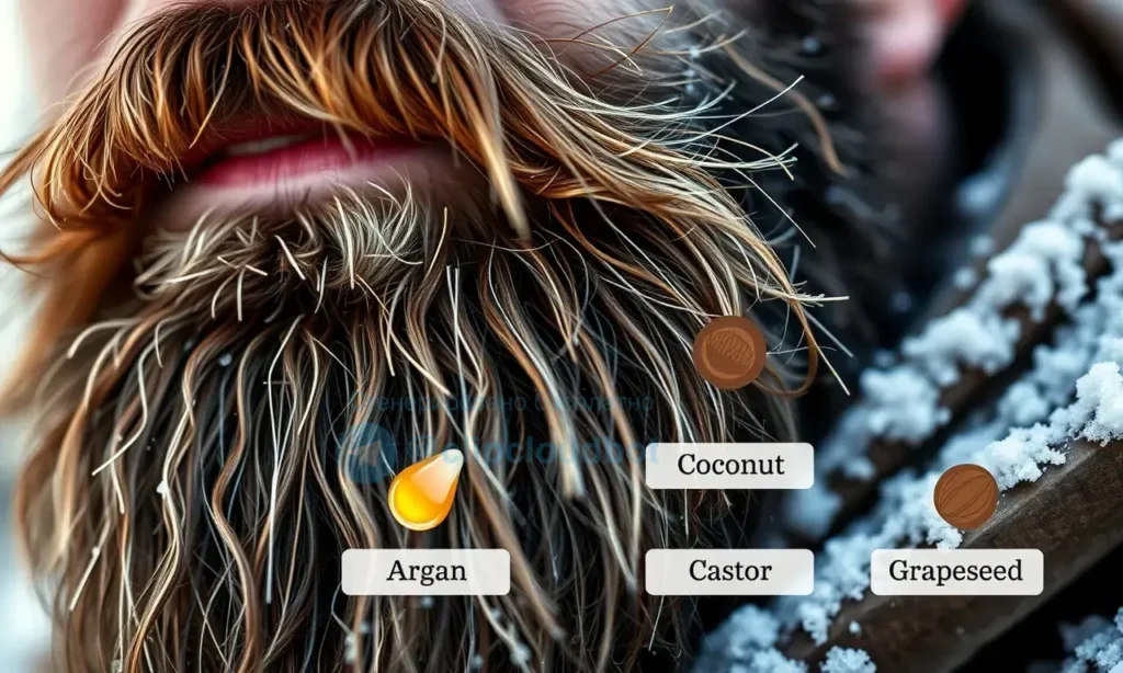 A close-up of a well-groomed beard in winter, with visible healthy texture and no dryness or brittleness, surrounded by small labeled icons of popular beard oils (argan, jojoba, coconut, castor, and grapeseed) arranged in a clean comparison table format, soft natural winter daylight, subtle frost on nearby surfaces, no text or numbers visible in the image, photorealistic, high detail, warm tones contrasting with cool background