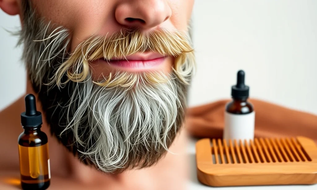 A close-up portrait of a mature man with a well-groomed beard showing subtle greying, surrounded by natural grooming products such as beard oil, a wooden comb, and a soft neutral background, emphasizing gentle care and the beauty of a healthy beard.