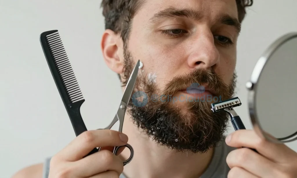 A close-up of a man's face with a messy beard after sleep, showing grooming tools such as a beard comb, scissors, a razor, and a mirror, illustrating the quick steps to tidy the beard