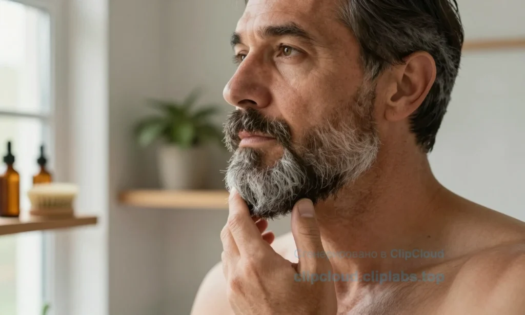 A close-up portrait of a mature man in his 30s with a well-groomed, full beard, standing in soft natural light near a window. His skin shows subtle signs of aging — slight texture, minimal fine lines — but is healthy and hydrated. He gently touches his beard with one hand, conveying care and attention. The background is softly blurred, suggesting a modern bathroom or grooming space with minimalistic decor: a wooden shelf with beard oil, a boar bristle brush, and a small potted plant. Warm, earth