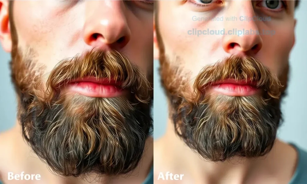 A close-up of a man's face showing a coarse, prickly beard with visible irritation, contrasted with a second image of the same man's beard after softening — smooth, healthy-looking facial hair with natural shine, gentle lighting, realistic skin texture, no salon tools or products visible, focus on beard hair quality and comfort
