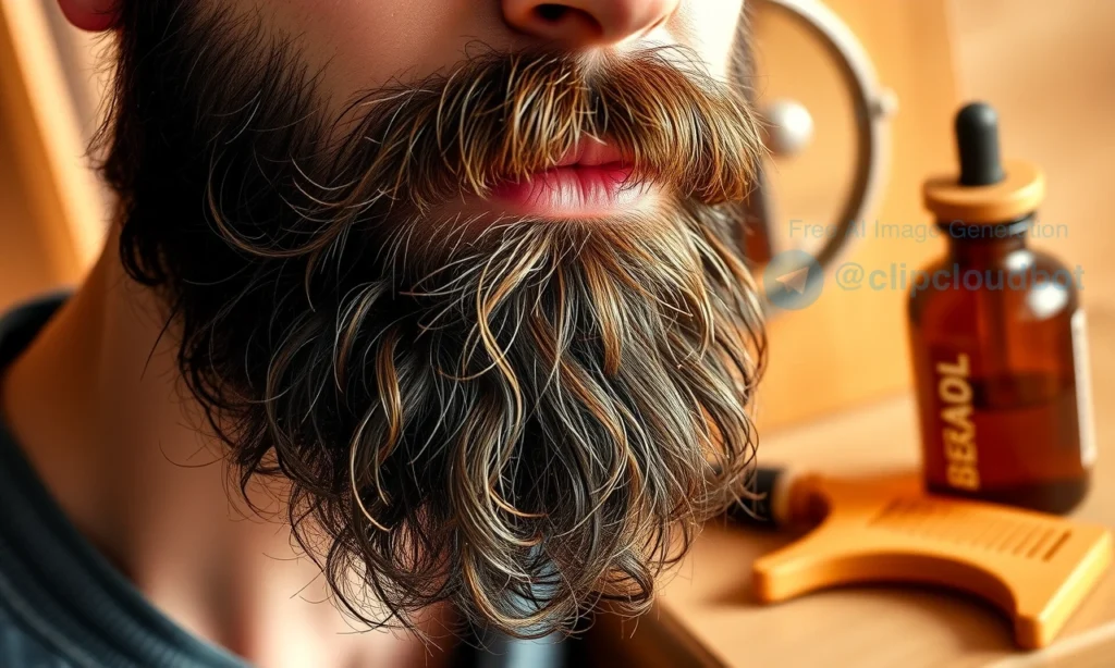 A close-up of a well-groomed beard with natural oil droplets glistening on the facial hair, set against a soft, blurred background of a wooden vanity with a small glass bottle of beard oil and a wooden comb nearby, warm natural lighting highlighting texture and shine, no text or labels visible