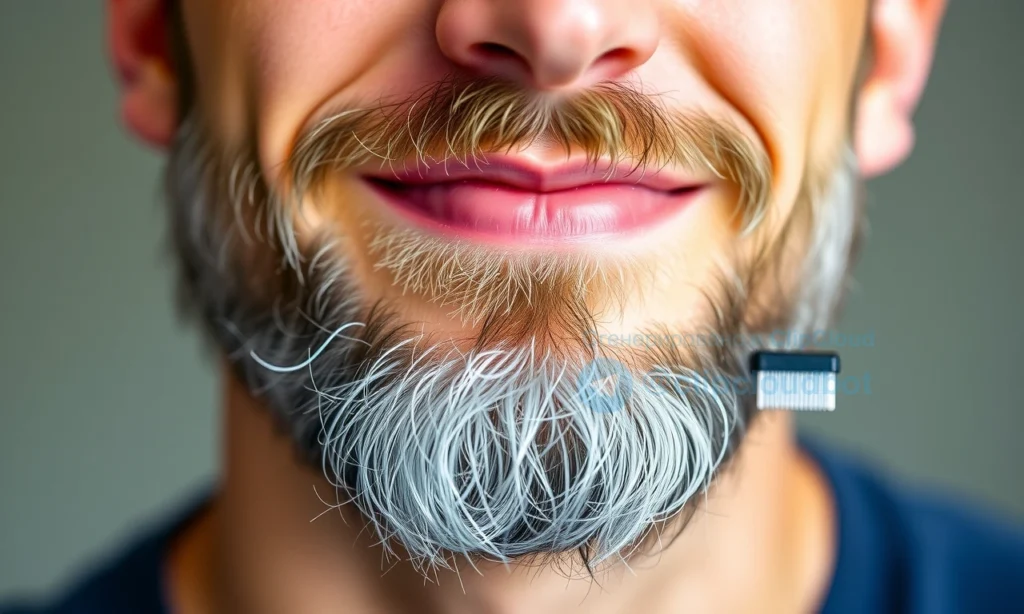 A close-up of a well-groomed man with a beard, showcasing healthy and moisturized skin underneath. The beard should look neat and well-maintained, with no signs of dryness or irritation. The focus should be on the skin under the beard, which should appear smooth and hydrated. The man should have a calm and content expression, indicating relief from itching and discomfort.