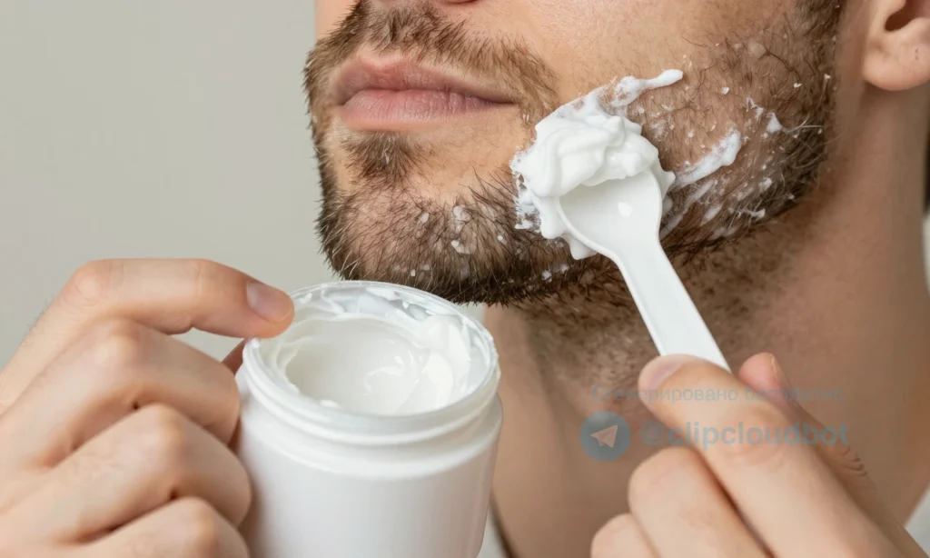 A close-up of a hand applying a small amount of beard wax to a neatly groomed beard, showing the wax in a tiny jar with a measuring spoon, with a subtle, natural background