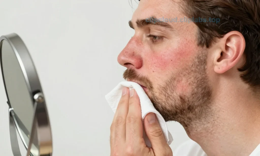 A close-up illustration showing a man with problematic facial skin (redness, acne, irritation) gently washing his beard with a soft cloth while looking in a mirror, with clear focus on skin texture and beard care routine, clean background