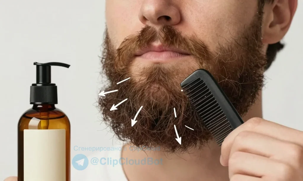 A close-up illustration showing a man with a very stiff, coarse beard that appears rough and tangled, with arrows or visual effects indicating softening, alongside a bottle of beard oil or conditioner and a comb gently smoothing the beard hairs, set against a clean background with clear focus on the transformation process