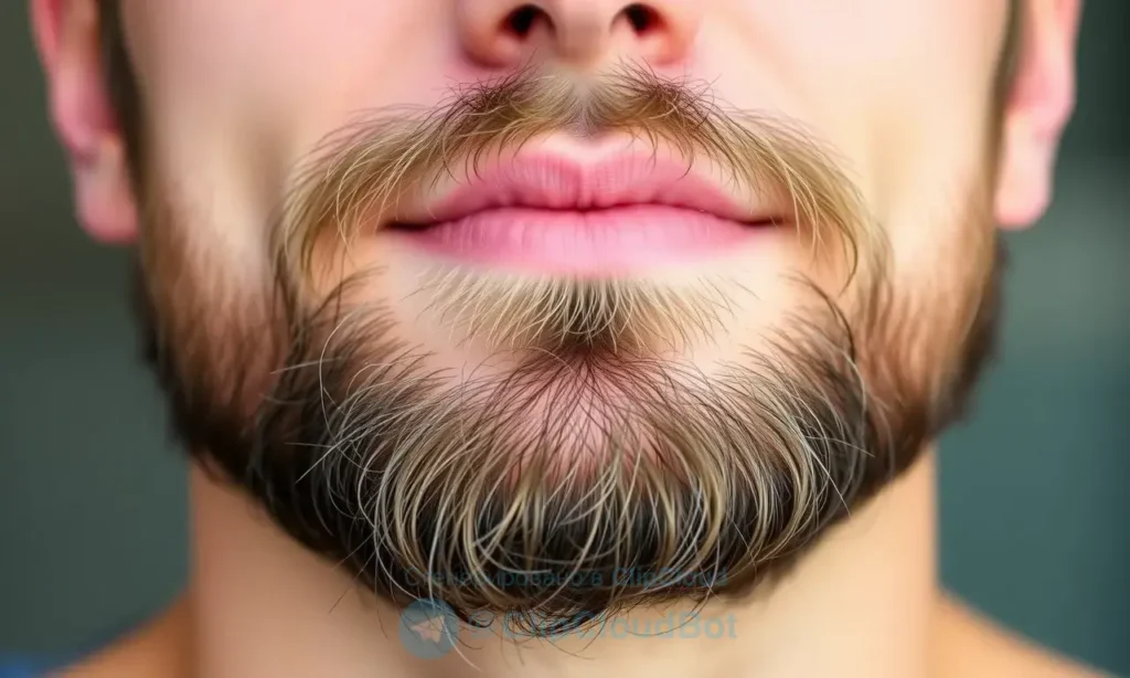 A close-up of a well-groomed beard and mustache on a man's face, with a focus on the texture and cleanliness. The beard should appear fresh and odor-free, with a subtle hint of a pleasant scent. The man should have a confident and relaxed expression, suggesting good grooming habits.