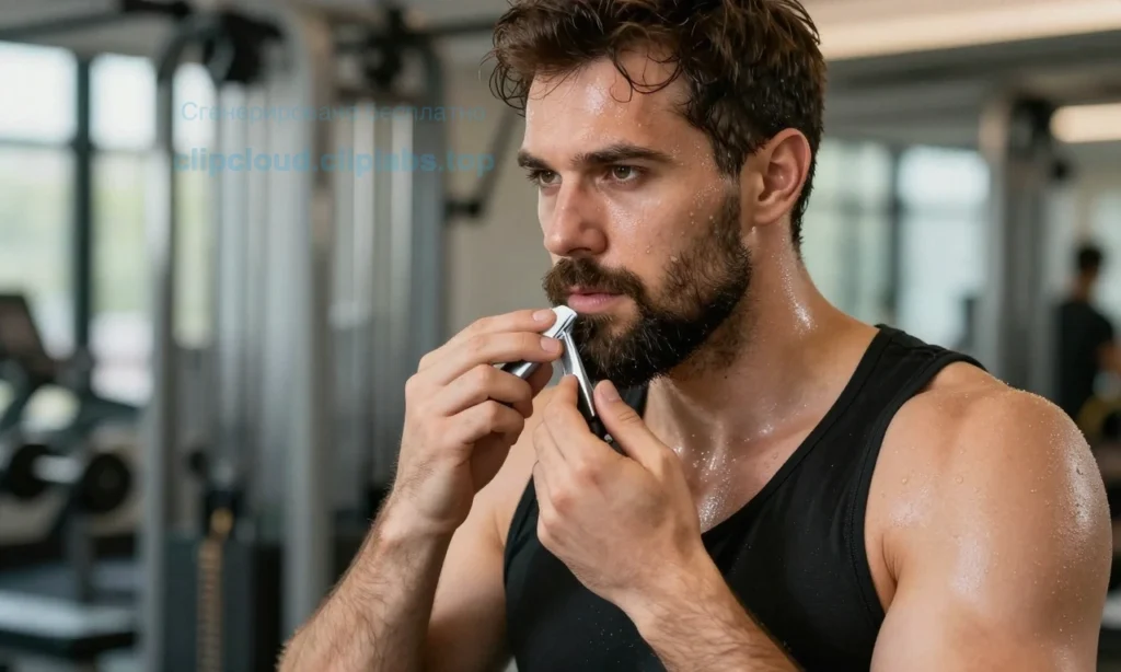 A man exercising in a gym while sweating, with a well-groomed beard, showing practical beard care tips during sports activities, realistic style, detailed facial hair maintenance, sports attire, gym equipment in background