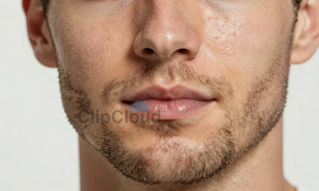 A close-up illustration of a man's face showing oily skin under a beard with visible shine, demonstrating balanced skincare, with clear focus on the texture of the skin and beard, and a clean, professional look