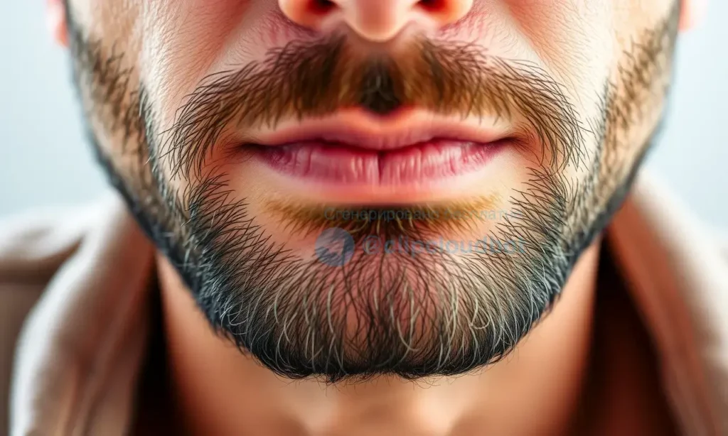 A close-up view of a man's face showing the area under the beard where the skin is noticeably darker than the surrounding facial skin, with subtle texture details like light stubble and natural skin pores, soft natural lighting highlighting the contrast, no text or symbols visible