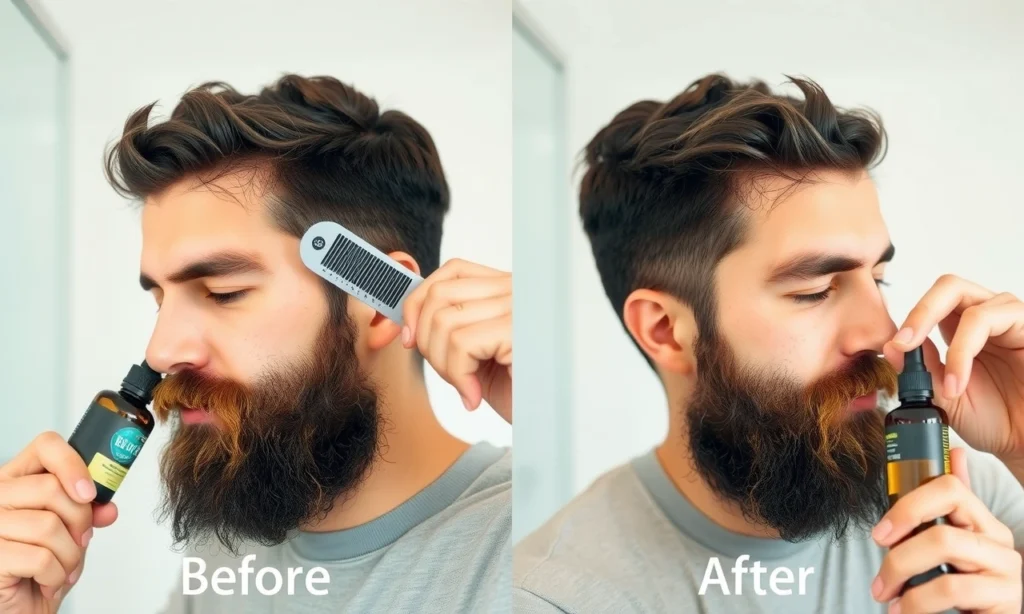 A man with a messy beard after sleep, being quickly groomed with a beard comb, scissors, and beard oil, showing a before-and-after side-by-side in a clean, bright bathroom setting, no text or numbers in the image
