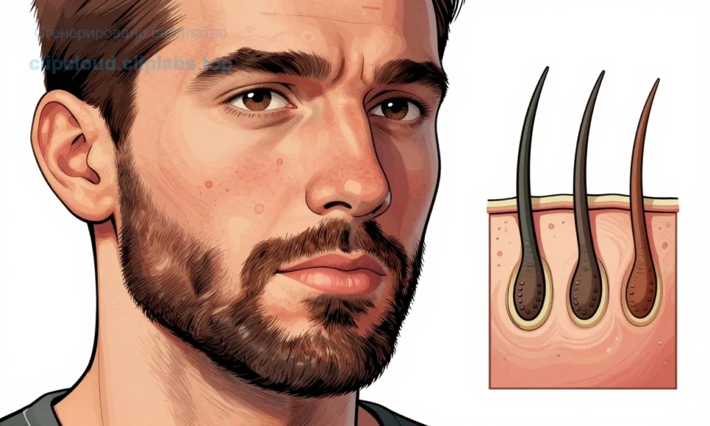 A close-up illustration of a man in his 30s with a well-groomed beard, showing detailed skin texture on his face and neck, with visible pores and slight redness indicating age-related skin changes, alongside a split view comparing healthy hair follicles to weakened ones, all rendered in clean, high-detail comic book style with clear outlines and soft shading