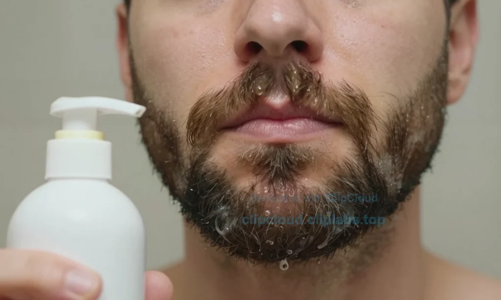 A close-up of a man's face with a full beard, showing a slightly unkempt, oily appearance. The beard is wet and has a visible residue of shampoo, with droplets of water on the skin. A bottle of shampoo is placed beside the face, partially open, with a subtle hint of foam. The background is a neutral, blurred bathroom setting. The overall mood conveys a sense of lingering odor and cleaning mistakes, without any text or lettering in the image.