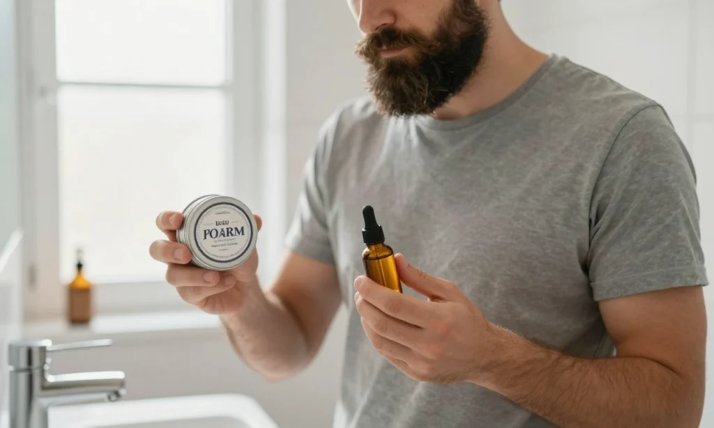 A well-groomed man with a full, healthy beard stands in soft morning light by a bathroom sink, holding a small tin of beard wax in one hand and a dropper of beard oil in the other, with natural wood textures and minimalist grooming tools around him; the scene is calm, clean, and focused on beard care routine, no text or labels visible