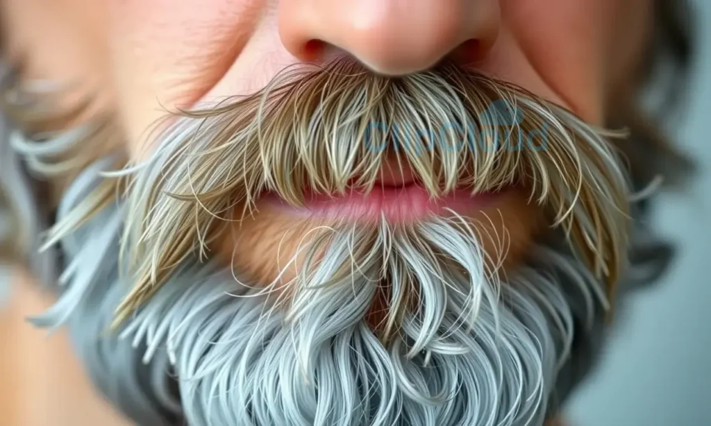 A close-up of a man's beard with natural gray color showing no yellow tint, clean and well-groomed, soft lighting, realistic skin texture, no makeup or dye visible