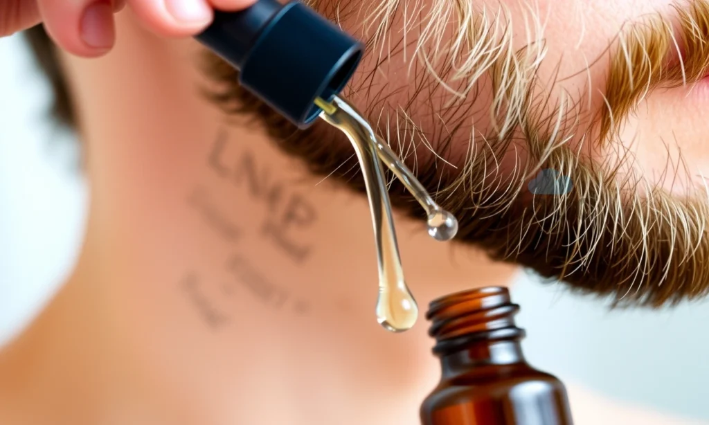 A close-up of a man's beard with a few drops of hair oil being applied, showing natural facial hair texture, soft lighting, and a small bottle of hair oil nearby, all in a clean, realistic style