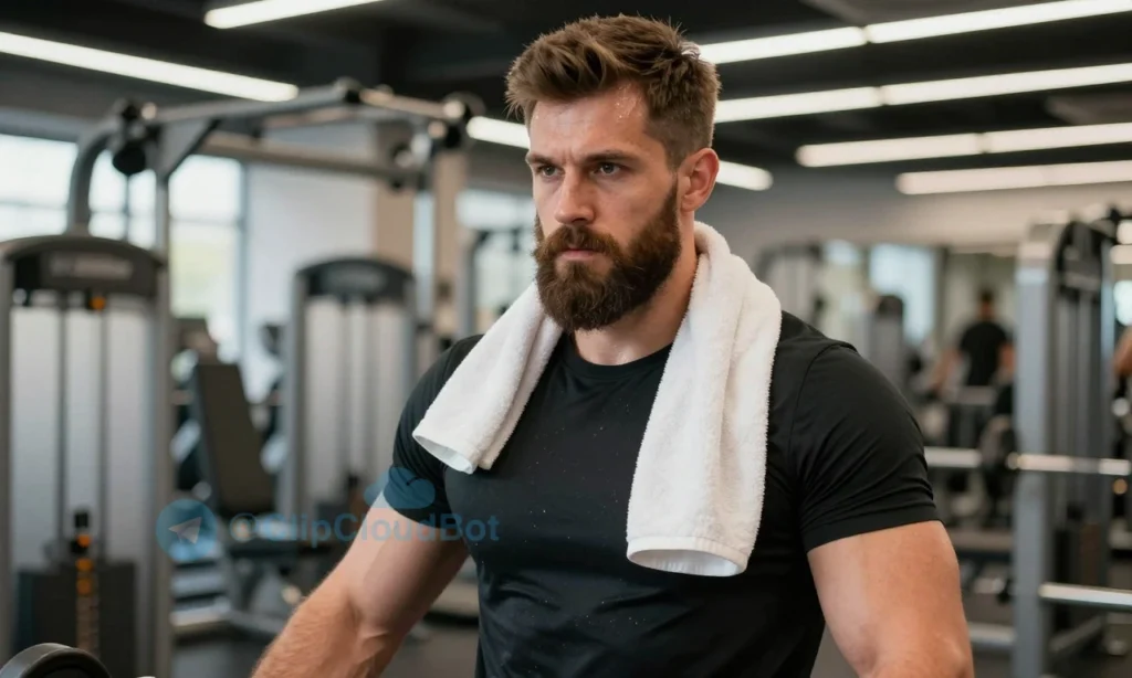 A well-groomed man with a full beard, engaged in an intense workout at the gym. He is wearing athletic clothing and has a towel draped over his shoulder. His beard is neatly styled and appears clean, with no signs of sweat or dirt. The gym environment is modern and well-equipped, with various fitness machines and equipment in the background.