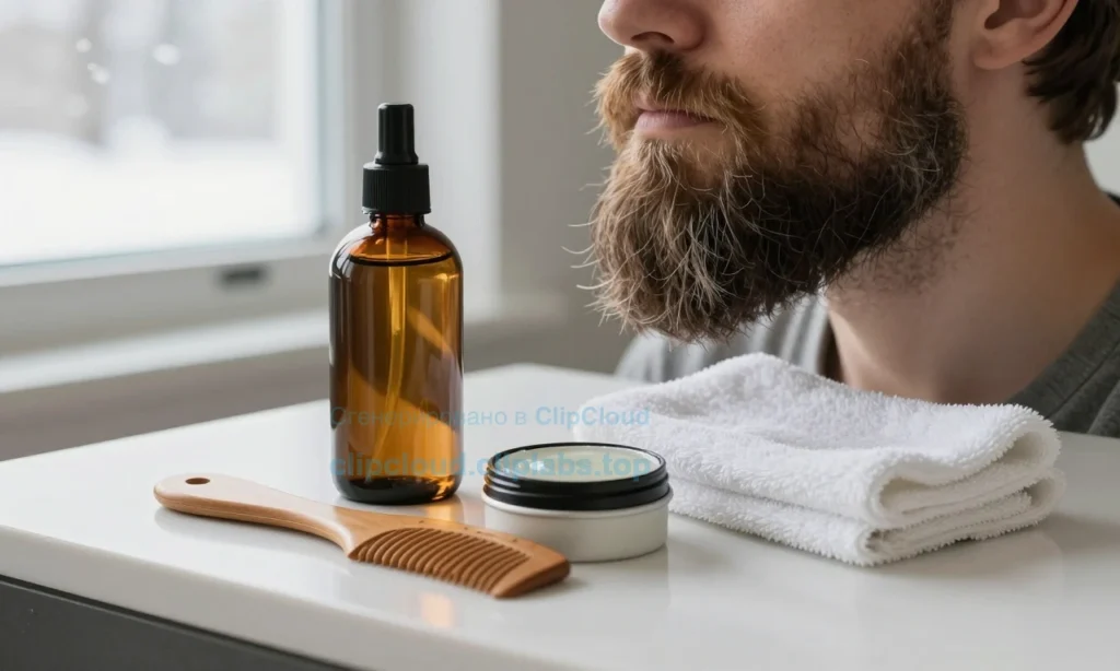 A clean, well-lit bathroom countertop with a wooden beard comb, a small bottle of beard oil, a beard balm tin, and a soft microfiber cloth arranged neatly. A close-up of a man's well-groomed beard with visible static-free strands, subtly glowing to indicate smoothness. In the background, a blurred winter window with faint frost patterns, suggesting cold weather. No text, labels, or digits appear anywhere in the image.