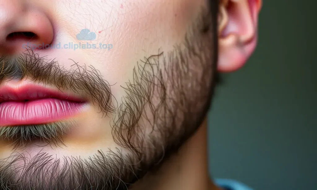 A close-up of a man's face showing a thin, patchy beard after illness, with visible sparse areas and mild skin irritation, soft natural lighting, realistic skin texture, no facial expressions of distress, focus on beard density and hair follicles