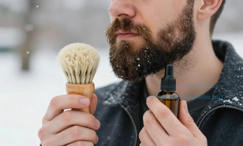 A close-up of a well-groomed man with a full beard standing in a snowy outdoor setting, holding a soft, warm beard brush and a bottle of beard oil. The scene shows subtle winter light, with gentle snowflakes falling around him. The focus is on the beard, the brush, and the oil, illustrating a calm, hygienic grooming routine to reduce static. No text or lettering is present in the image.