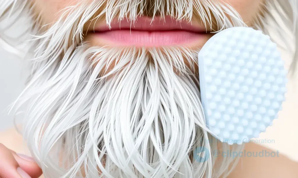 A close-up of a man's silver beard with natural yellowish tint being gently removed by a soft brush or sponge, showing clean, bright silver strands without any dye or colorants, realistic skin texture, natural lighting, no text or symbols