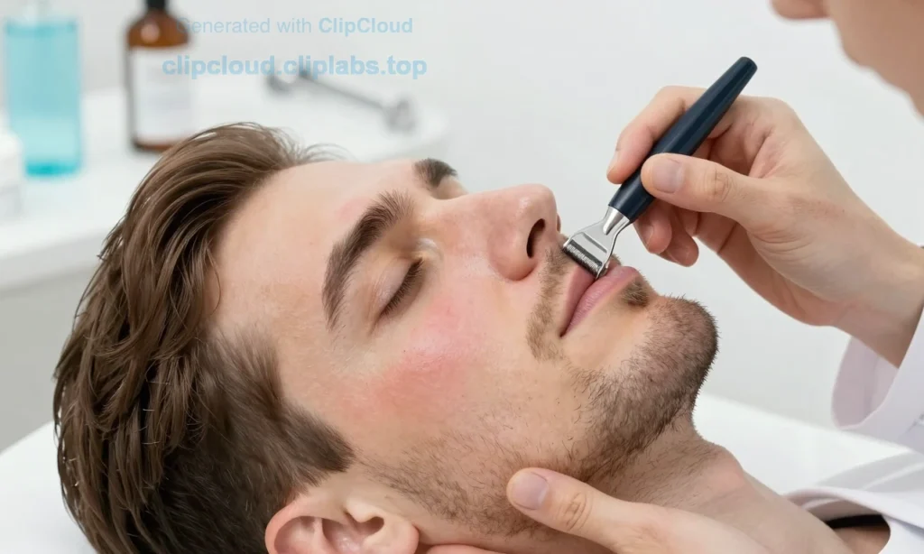 A professional dermatologist examining a man's dry skin on his face after using a trimmer and shaving beard contours, showing visible dryness, flakiness, and irritation on the cheeks and chin, with medical tools and skincare products in the background, clear medical illustration style