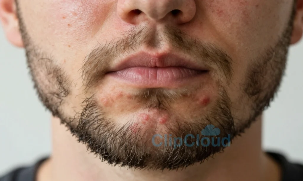 A close-up of a man's face with a well-groomed beard, showing visible signs of problematic skin underneath — mild redness, small bumps, and dry patches — while the beard hair is neatly trimmed and healthy. Soft natural lighting highlights skin texture and beard detail. No text, symbols, or logos present.