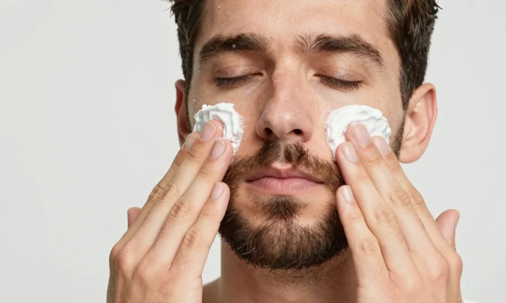 A man with a beard demonstrating proper beard care routine for problematic facial skin, showing gentle cleansing, moisturizing, and avoiding irritation, with clear skin focus, medical or skincare context, clean background, no text or numbers