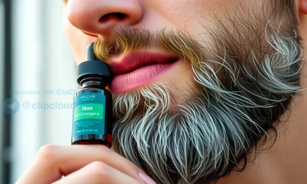 A close-up of a man's face with a well-groomed beard, showing healthy skin without acne, holding a small bottle of beard oil labeled 'Non-Comedogenic' in natural daylight, soft focus background, realistic skin texture, gentle lighting highlighting beard and skin clarity