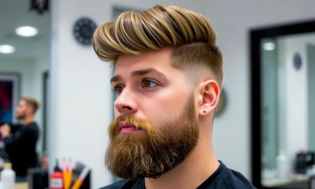 A well-groomed man with a beard that is styled to have volume and shape, demonstrating techniques to achieve a fuller look. The beard should appear thick and well-maintained, with clear lines and definition. The man should be in a clean, modern setting, possibly in a barbershop or at home with grooming tools visible.