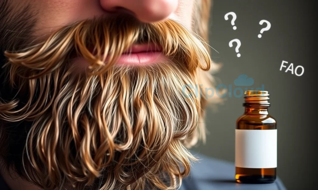 A close-up of a man's beard with a visible oily sheen, a small bottle of beard oil beside it, and subtle question marks or FAQ symbols floating in the background to suggest a FAQ context. The image should emphasize the greasy shine on the beard and the bottle, with a soft, natural lighting that highlights the oil's texture. No text, letters, or digits should appear in the image.
