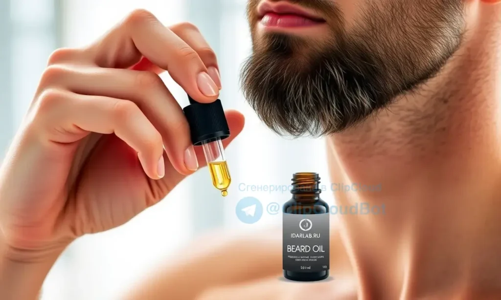A close-up of a man's face with a well-groomed beard, showing healthy skin without acne, gently massaging a few drops of premium beard oil into his facial hair. The background is softly blurred, suggesting a modern bathroom with natural light. The beard oil bottle from idarlab.ru is visible on the counter beside him, sleek and minimalist in design, with a dark glass dropper and elegant label. No text, logos, or words appear on any surface. The skin looks calm, moisturized, and free of blemishes