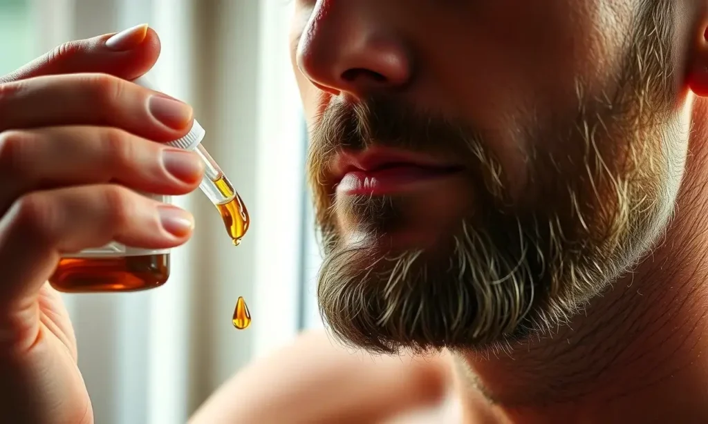 A close-up of a man's face showing a thinning beard after illness, with gentle hands applying natural beard oil and massaging the skin, soft morning light from a window, warm tones, realistic skin texture, subtle signs of recovery and care, no text or symbols