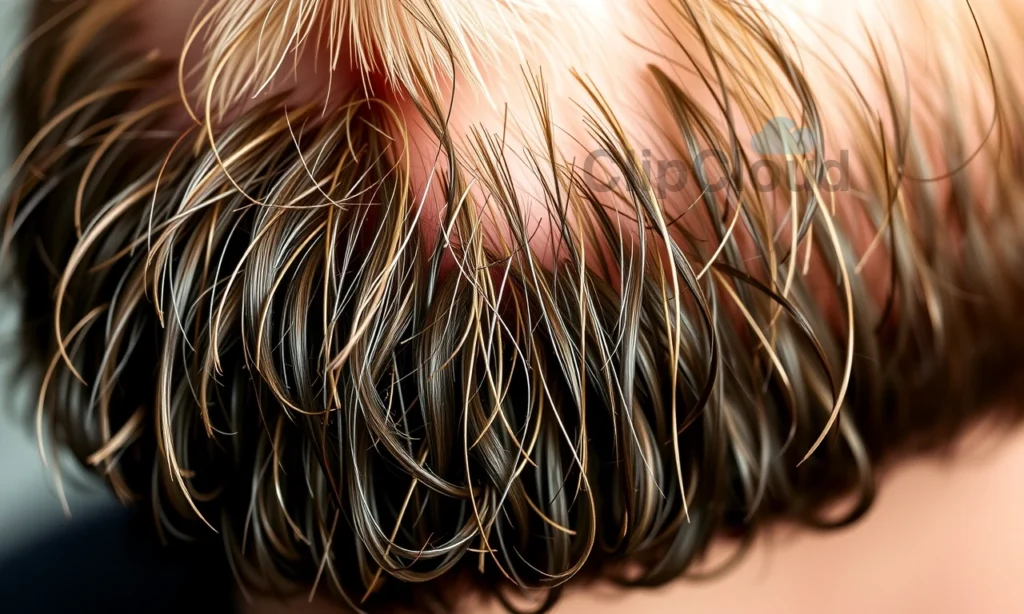 A close-up of a well-groomed beard with split ends visible on individual hairs, showing dry, frayed tips without any cutting or trimming tools in frame, soft natural lighting highlighting texture, subtle skin visible beneath, realistic skin and hair detail, no text, no labels, no symbols, no products, no hands or fingers touching the beard