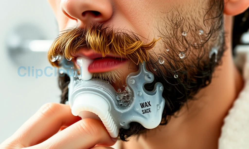 A close-up of a man gently washing his beard with a mild cleanser, water droplets on the beard, a soft towel nearby, showing the removal of wax residue, with a clean, natural bathroom setting