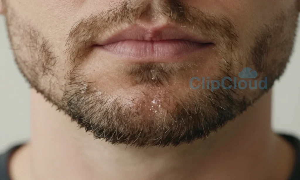 A close-up of a well-groomed beard with natural texture, showing subtle shine from beard oil on one side and light hold from beard wax on the other, split down the middle for comparison, soft natural lighting, high detail on facial hair follicles and skin, no text, no logos, no people faces visible, only beard and neck area