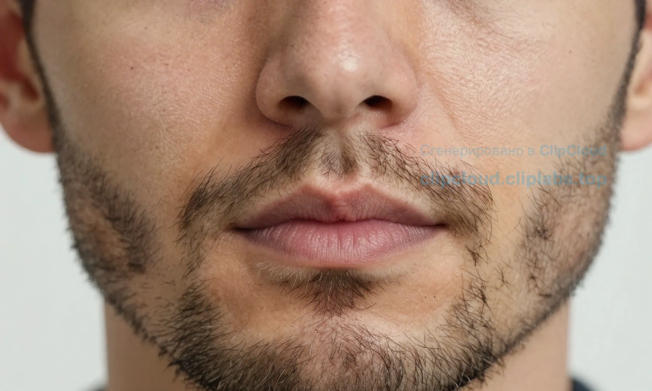 A close-up of a man's face showing patchy and uneven beard growth, with some areas having thick hair and others sparse or bald spots, natural skin texture, soft lighting, realistic portrait