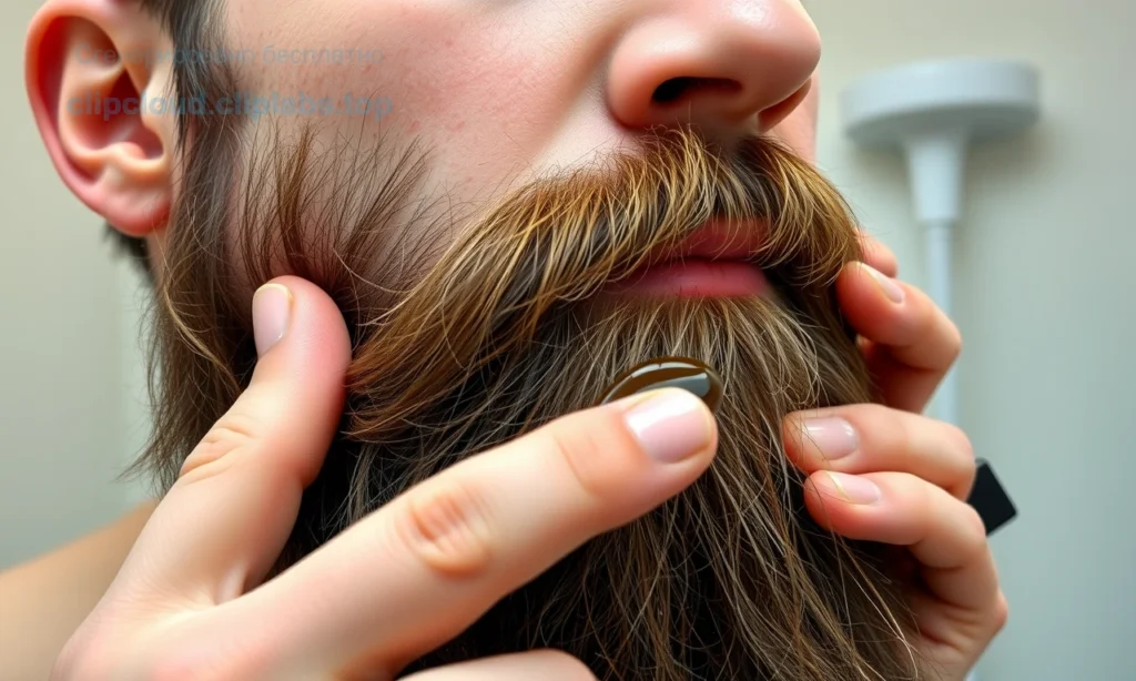 A close-up portrait of a healthy, thick-bearded man with oily skin, showing a grooming routine: applying beard oil, using a comb, and a clean, modern bathroom setting. The image should emphasize the texture of the beard and skin, with subtle lighting highlighting the shine of the oil.