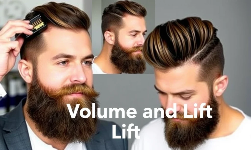A well-groomed man with a full beard, demonstrating the process of styling it to achieve volume and lift. The beard should be styled upwards and outwards, showing the use of a beard brush or comb, and possibly beard oil or wax. The man should have a confident and stylish appearance, with the beard looking thick and well-maintained.