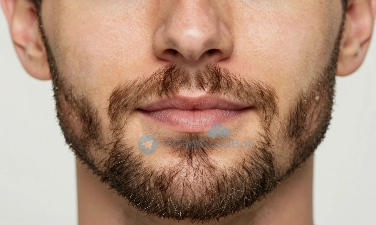 A close-up of a well-groomed short beard on a man's face, showing healthy skin underneath with no redness or irritation, soft natural lighting highlighting the texture of the beard and smooth skin, subtle beard oil glistening lightly on the hairs, no visible flakes or scratches, peaceful expression, neutral background
